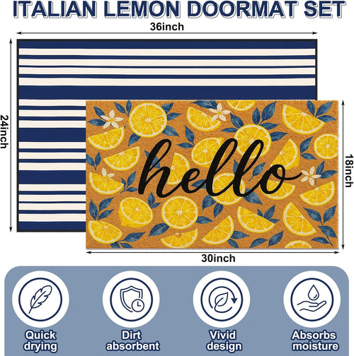 2 Pcs Lemons Doormat Set 18" x 30" Hello Lemon Outdoor Rug and 24" x 35" Navy White Striped Area Rug Italian Non-Slip Welcome Front Door Mat for Summer Indoor Outdoor Porch Entryway Decor
