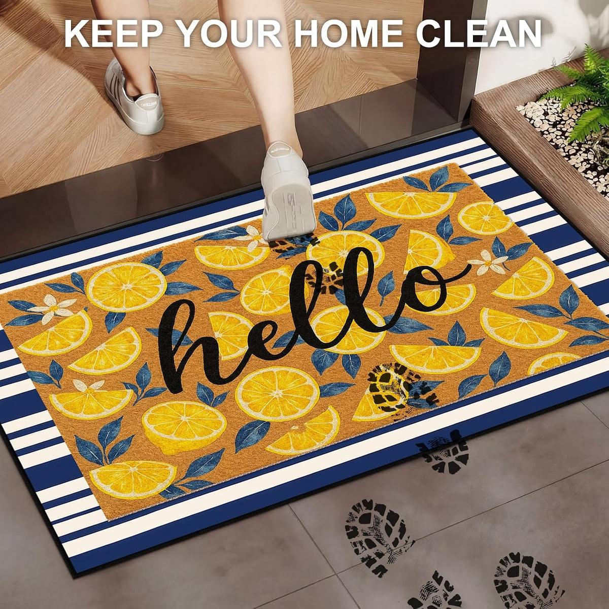 2 Pcs Lemons Doormat Set 18" x 30" Hello Lemon Outdoor Rug and 24" x 35" Navy White Striped Area Rug Italian Non-Slip Welcome Front Door Mat for Summer Indoor Outdoor Porch Entryway Decor