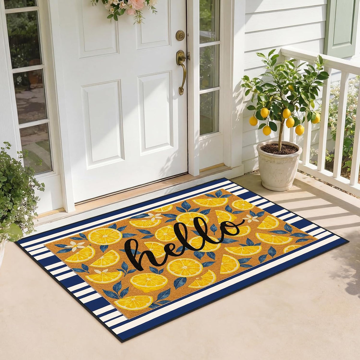2 Pcs Lemons Doormat Set 18" x 30" Hello Lemon Outdoor Rug and 24" x 35" Navy White Striped Area Rug Italian Non-Slip Welcome Front Door Mat for Summer Indoor Outdoor Porch Entryway Decor