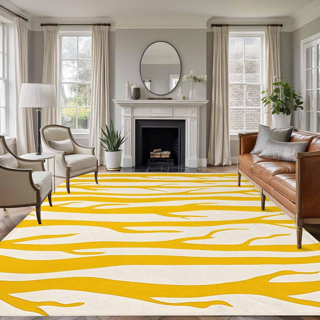 Modernism Line Washable Living Room Rugs 5'x7', Yellow Linear Abstract Composition Low Pile Throw Large Area Rugs Non-Slip Sturdy Edge Binding Carpet for Dining Room Bedside Kitchen