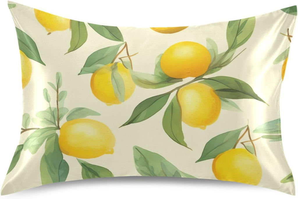 Lemons Leaves Flowers Yellow Satin Pillowcase for Hair and Skin Body Bed Pillow Cases Standard Size 20"X26" Pillow Case Protector with Envelope Closure for Women