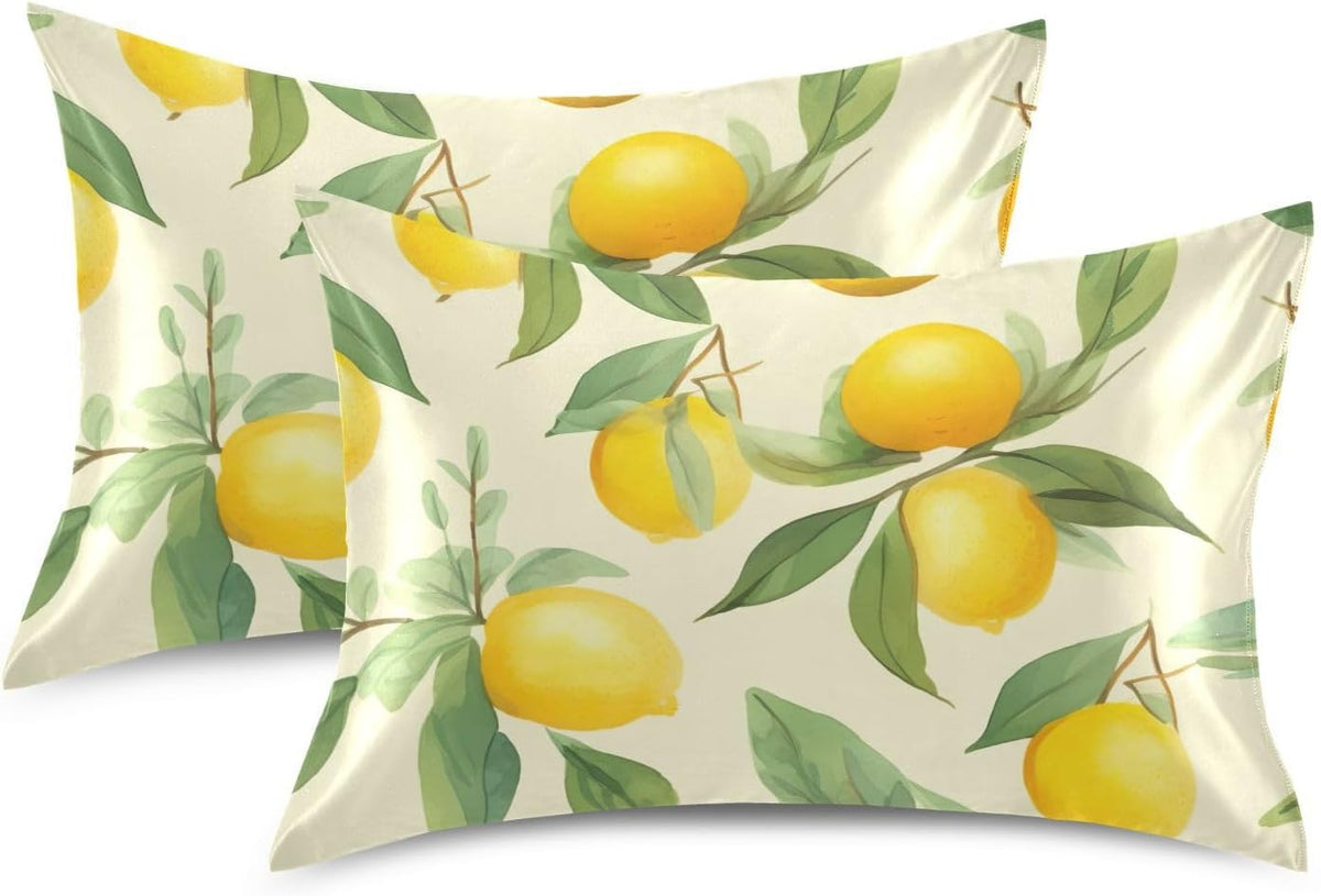 Lemons Leaves Flowers Yellow Satin Pillowcase for Hair and Skin Body Bed Pillow Cases Standard Size 20"X26" Pillow Case Protector with Envelope Closure for Women