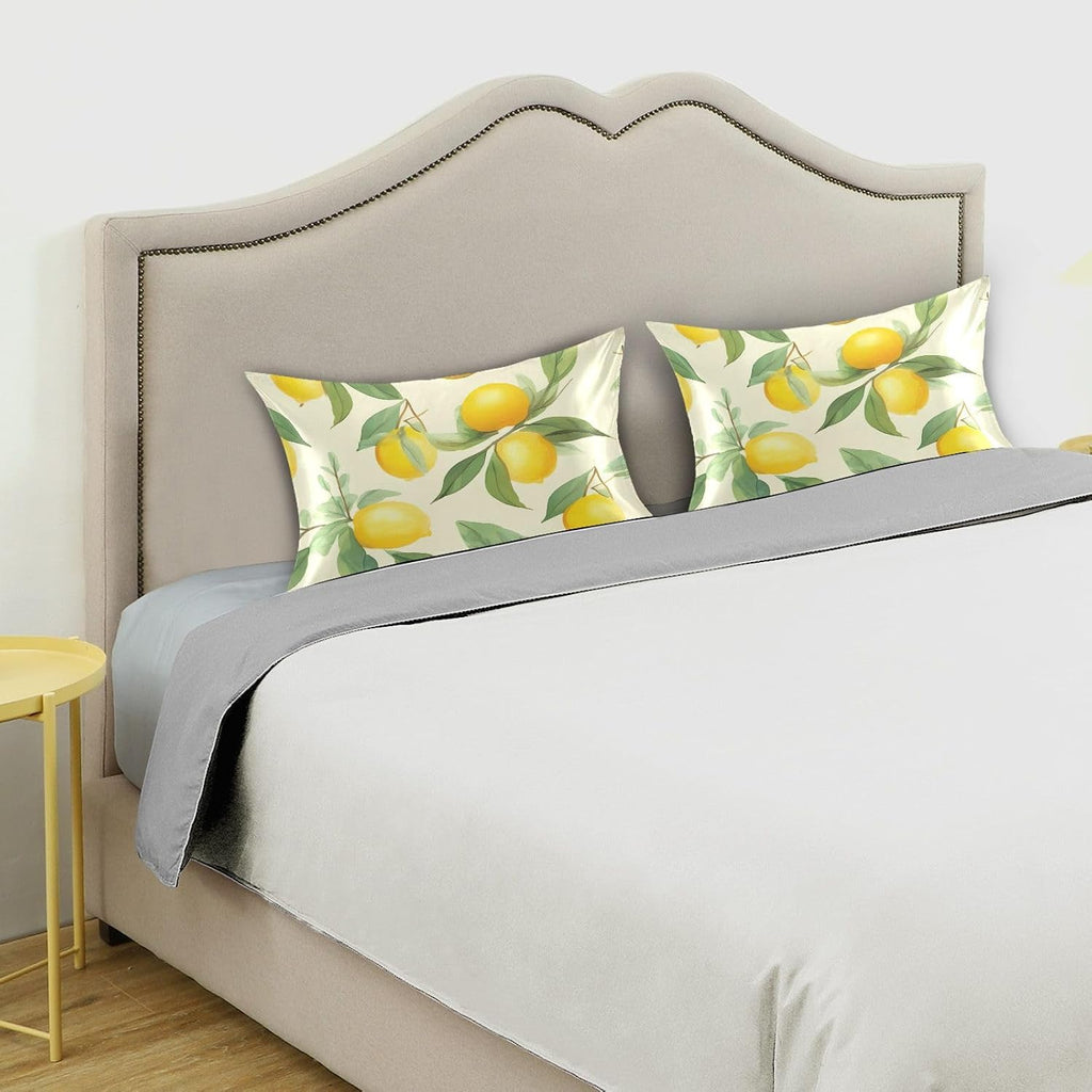 Lemons Leaves Flowers Yellow Satin Pillowcase for Hair and Skin Body Bed Pillow Cases Standard Size 20"X26" Pillow Case Protector with Envelope Closure for Women