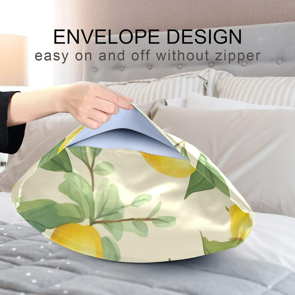 Lemons Leaves Flowers Yellow Satin Pillowcase for Hair and Skin Body Bed Pillow Cases Standard Size 20"X26" Pillow Case Protector with Envelope Closure for Women
