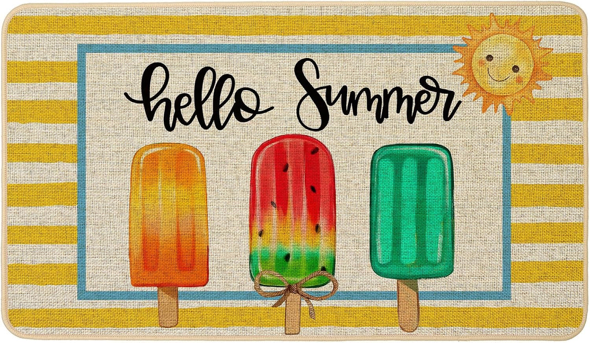 Summer Doormat 17x29 inch, Popsicle Yellow Striped Hello Summer Welcome Door Mat Rug for Floor Non Slip Rubber Backing Seasonal Holiday Decor for Indoor Outdoor
