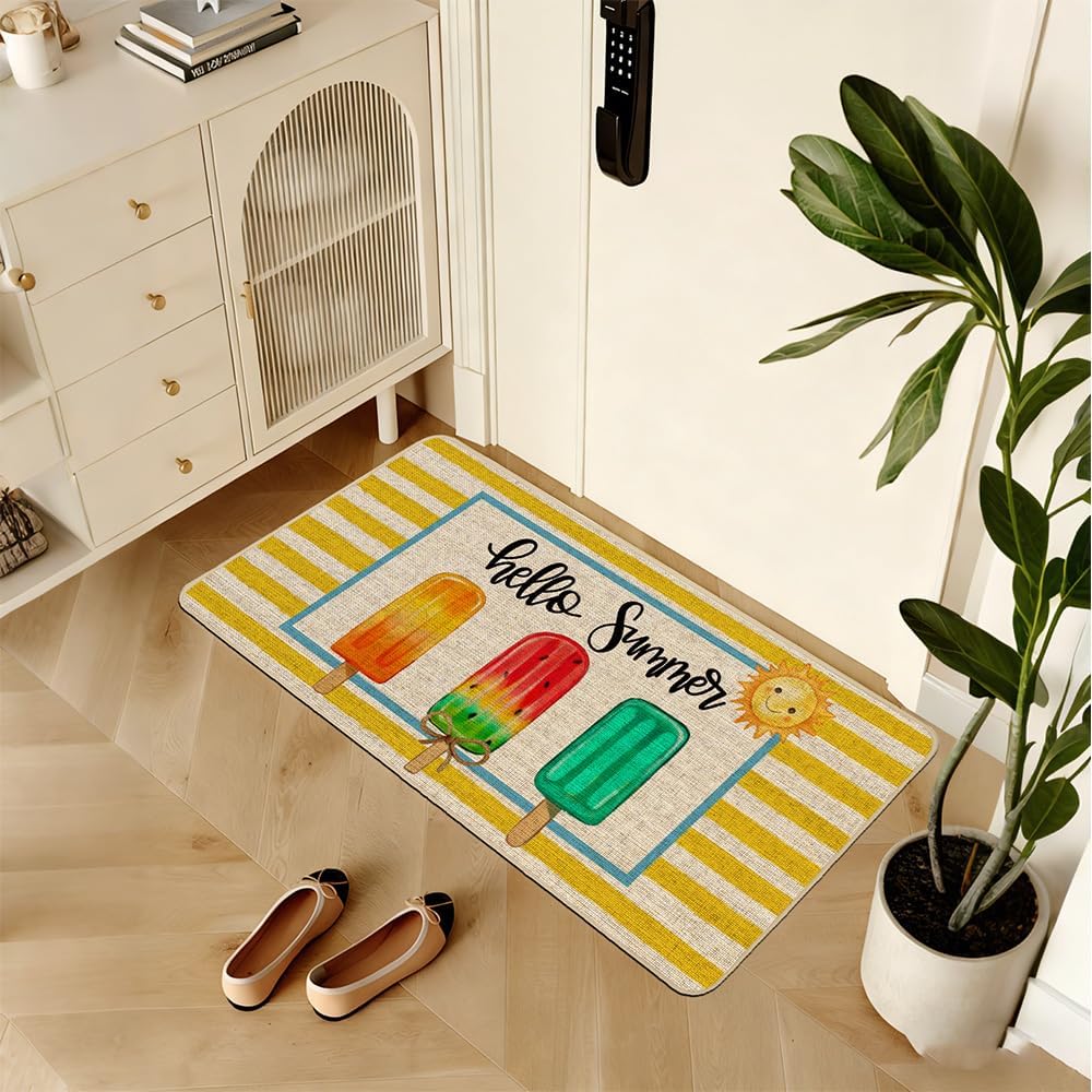 Summer Doormat 17x29 inch, Popsicle Yellow Striped Hello Summer Welcome Door Mat Rug for Floor Non Slip Rubber Backing Seasonal Holiday Decor for Indoor Outdoor