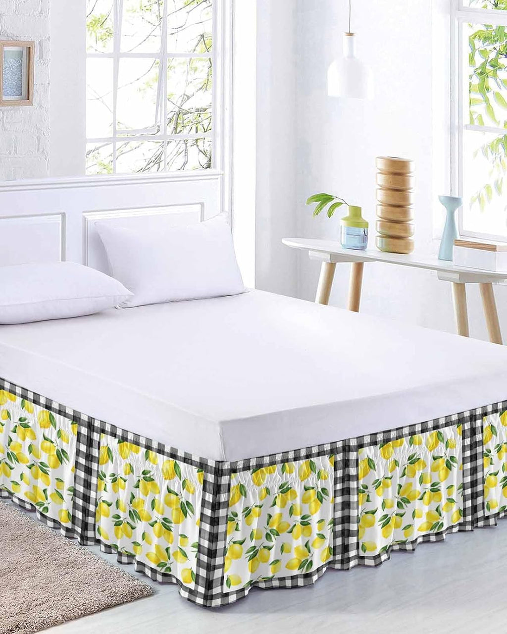 Yellow Lemon Bed Skirt Queen Size 16 Inch Drop, Adjustable Elastic Wrap Around Bed Skirts Easy Fitting Dust Ruffle Bedskirt Bed Frame Cover Summer Botanical Black Plaid Farmhouse