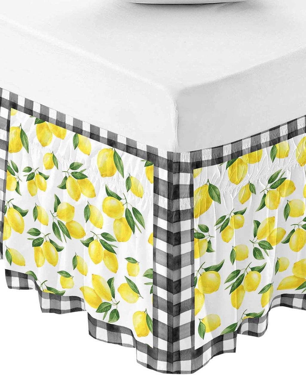 Yellow Lemon Bed Skirt Queen Size 16 Inch Drop, Adjustable Elastic Wrap Around Bed Skirts Easy Fitting Dust Ruffle Bedskirt Bed Frame Cover Summer Botanical Black Plaid Farmhouse