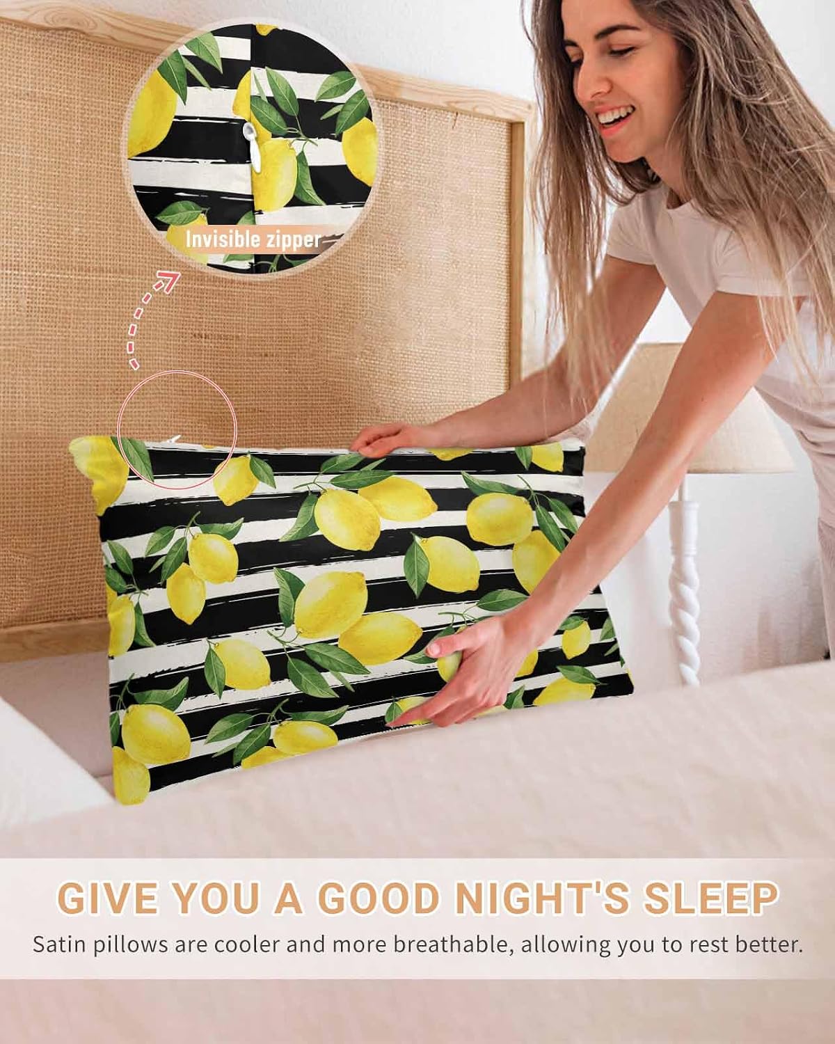 Yellow Lemons Pillow Cases Standard Size Set of 2, Summer Citrus Fruits Leaves Black Stripes Satin Pillowcase with Zipper for Hair/Skin, Decorative Pillow Covers for Bed/Couch/Sofa, 20x26 Inches