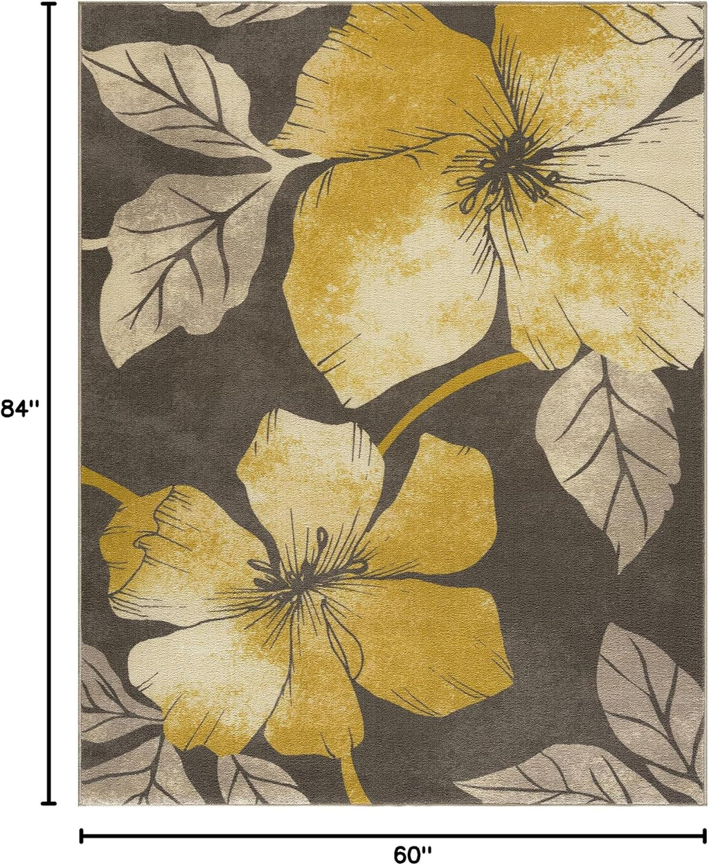 CAMILSON Solana Modern Floral 5x7 Area Rugs Non-Skid (Non-Slip) Rubber Backing Yellow - Brown Flowers Indoor Rug (5 x 7, Yellow Brown)