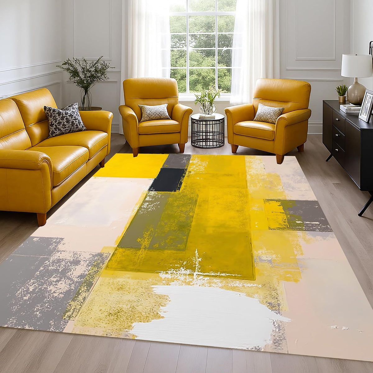 Contemporary Aesthetic Art Modern Abstract Rug 5x7 Beige Grey Yellow Washable Area Rug for Living Room Bedroom Office Nursery Non Shedding Thin Shag Carpet Non Slip Diningroom Hallway Runner Mat
