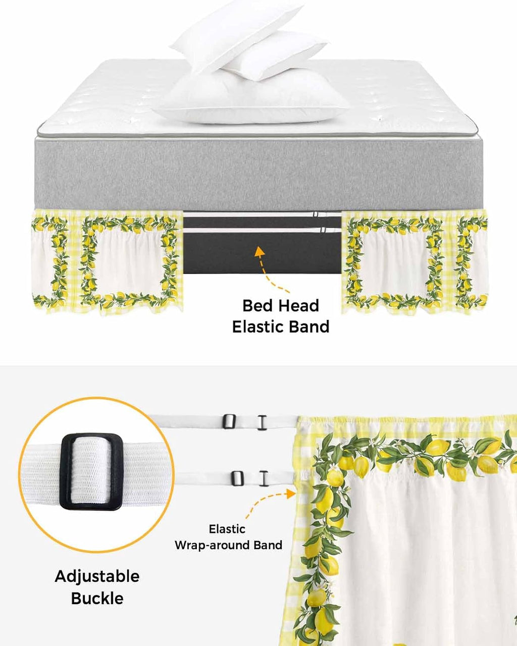 Summer Lemons Bed Skirt Queen Size 16 Inch Drop, Adjustable Elastic Wrap Around Bed Skirts Easy Fitting Dust Ruffle Bedskirt Bed Frame Cover Farmhouse Fruits Yellow Buffalo Plaid