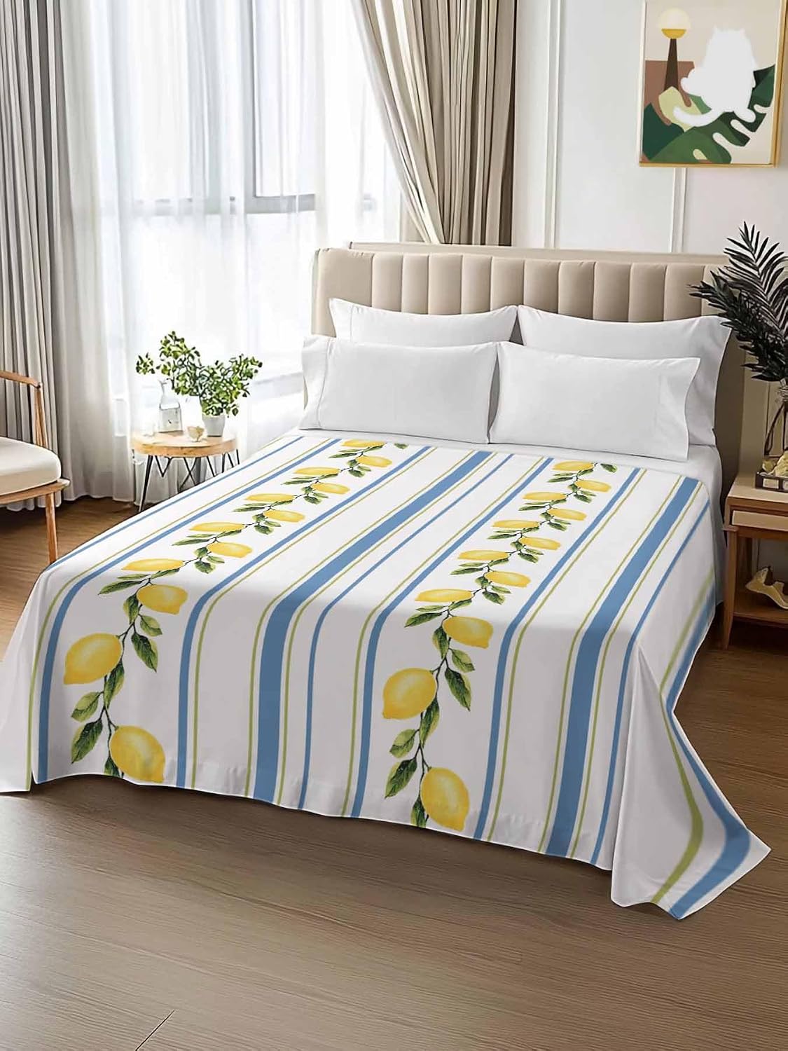 Flat Sheets Queen Size Bedding Sheet,Summer Lemon Leaves Soft Microfiber Breathable Top Sheets for Bedroom Hotel Luxury-1 Bed Flat Sheet Only,Blue Yellow Striped