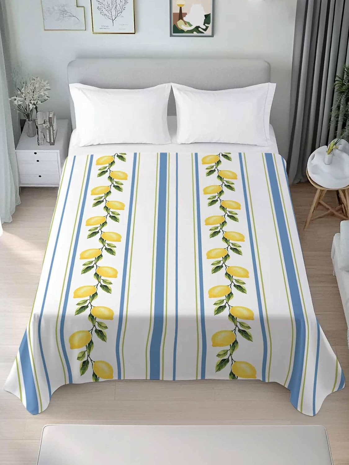Flat Sheets Queen Size Bedding Sheet,Summer Lemon Leaves Soft Microfiber Breathable Top Sheets for Bedroom Hotel Luxury-1 Bed Flat Sheet Only,Blue Yellow Striped