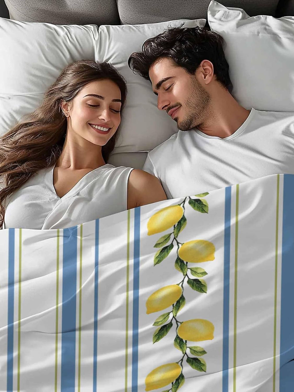 Flat Sheets Queen Size Bedding Sheet,Summer Lemon Leaves Soft Microfiber Breathable Top Sheets for Bedroom Hotel Luxury-1 Bed Flat Sheet Only,Blue Yellow Striped
