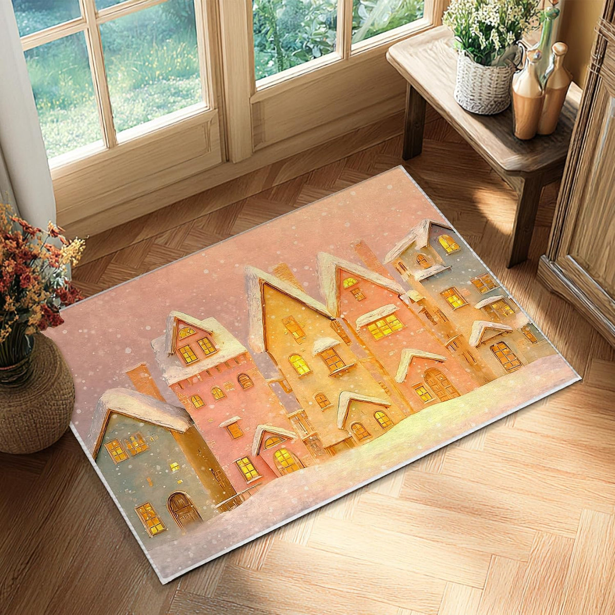 Houses Area Rug, Winter Cozy Snow Windows Winter Warm Yellow Low Pile Doormat Throw Rug Edge Binding Laundry Room Bathroom Doorway Entryway Decor 2' x 3'