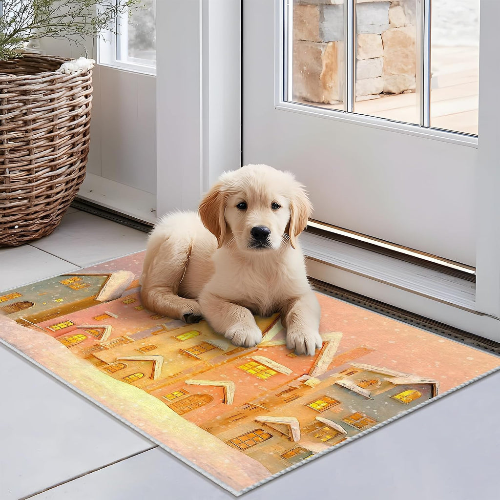 Houses Area Rug, Winter Cozy Snow Windows Winter Warm Yellow Low Pile Doormat Throw Rug Edge Binding Laundry Room Bathroom Doorway Entryway Decor 2' x 3'